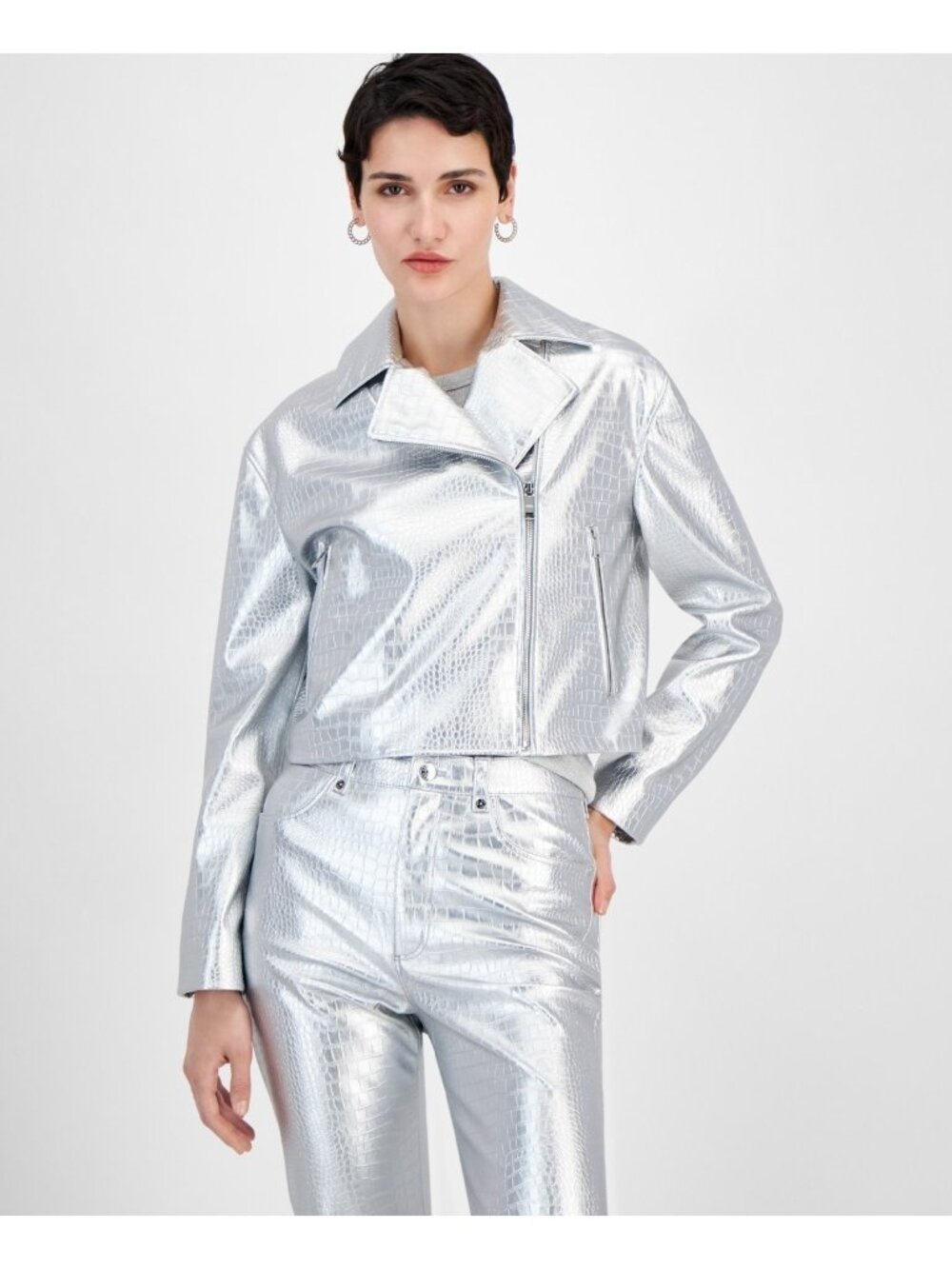 BOSS Orange Women Metallic Croc-Embossed Moto pockets Jacket Silver Size 12 $248
